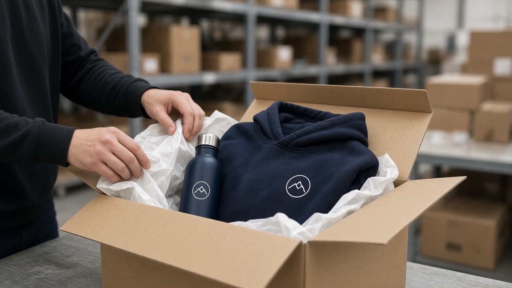 Hands packing a branded garment into a shipping carton in a warehouse