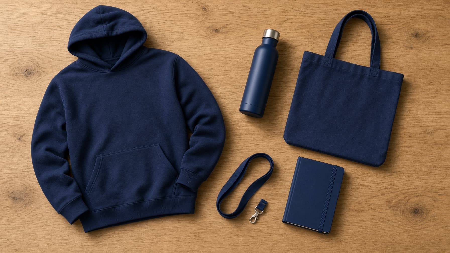 Apparel, drinkware and bags laid out for a corporate programme